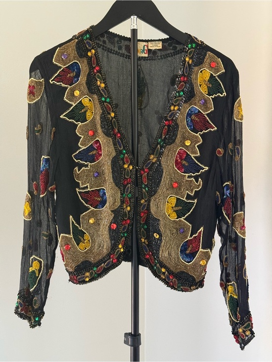 Vintage Tops - Gina G Black Silk Beaded Sequin Jacket Gold Paisley Statement Bolero